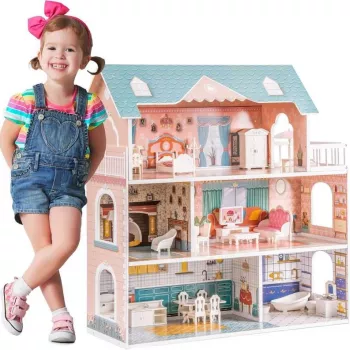 Wooden Dollhouse + 28 Furniture Pieces for 3.3" Dolls